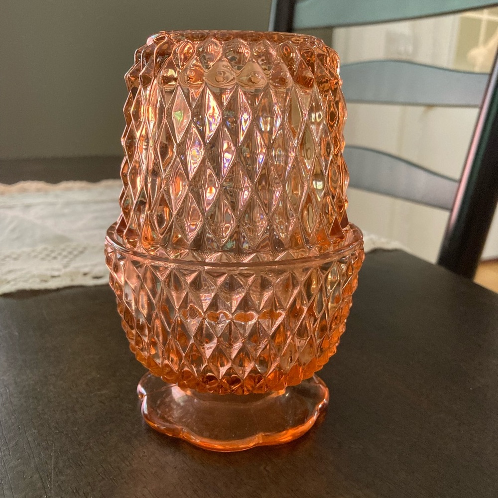 Vintage Indiana Glass Fairy Lamp Pink Champagne Diamond Point Pattern